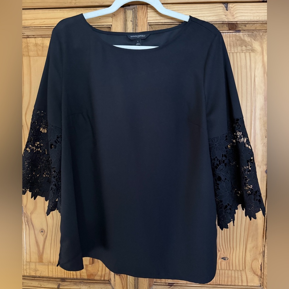 Banana Republic Elegant Black Blouse with Lace Sleeves